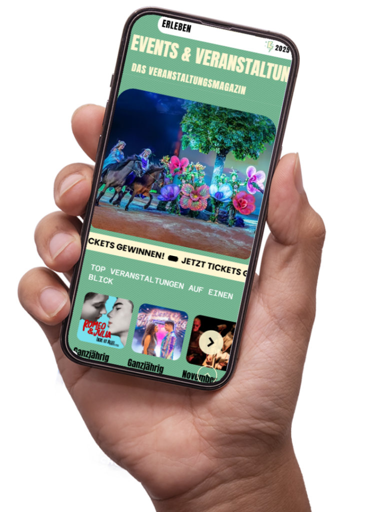 Mobile Darstellung auf der Webseite der Erleben Veranstaltungsbeilage 2025 auf Smartphone vor transparenten Hintergrund
