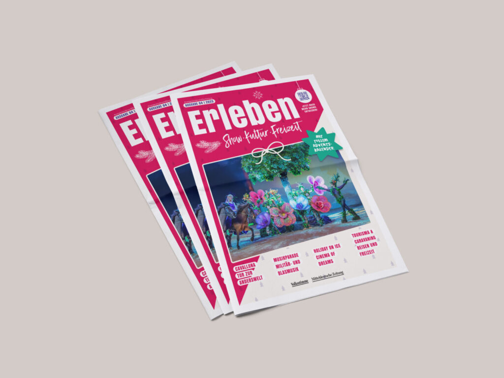 Titelmotiv der Erleben Veranstaltungsbeilage 2025 als mehrfach ausgelegte Printausgabe auf hellem Hintergrund