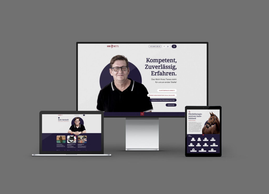 HN Vets Markenauftritt auf Desktop‑Monitor, Laptop und Tablet mit Website‑Design und auf grauem Hintergrund