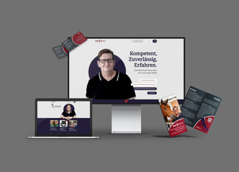 HN Vets Markenauftritt auf Desktop, Laptop und Printmedien vor grauem Hintergrund