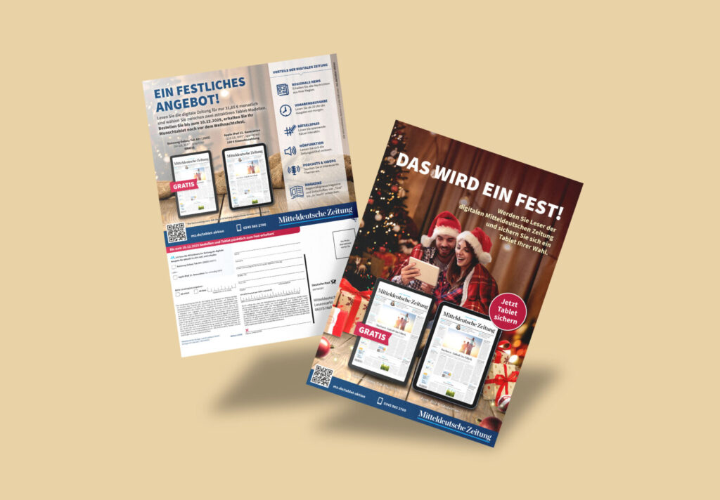 Flyer der Aboaktion Weihnachten 2025 mit festlichem Digital‑Abo‑Motiv vor beigefarbenem Hintergrund