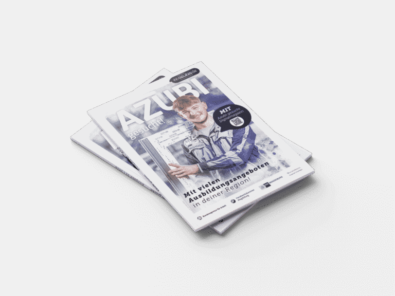 Titelmotiv des Magazins „AZUBI gesucht!“ als gedrucktes Cover in mehrfacher Auslage auf transparentem Hintergrund