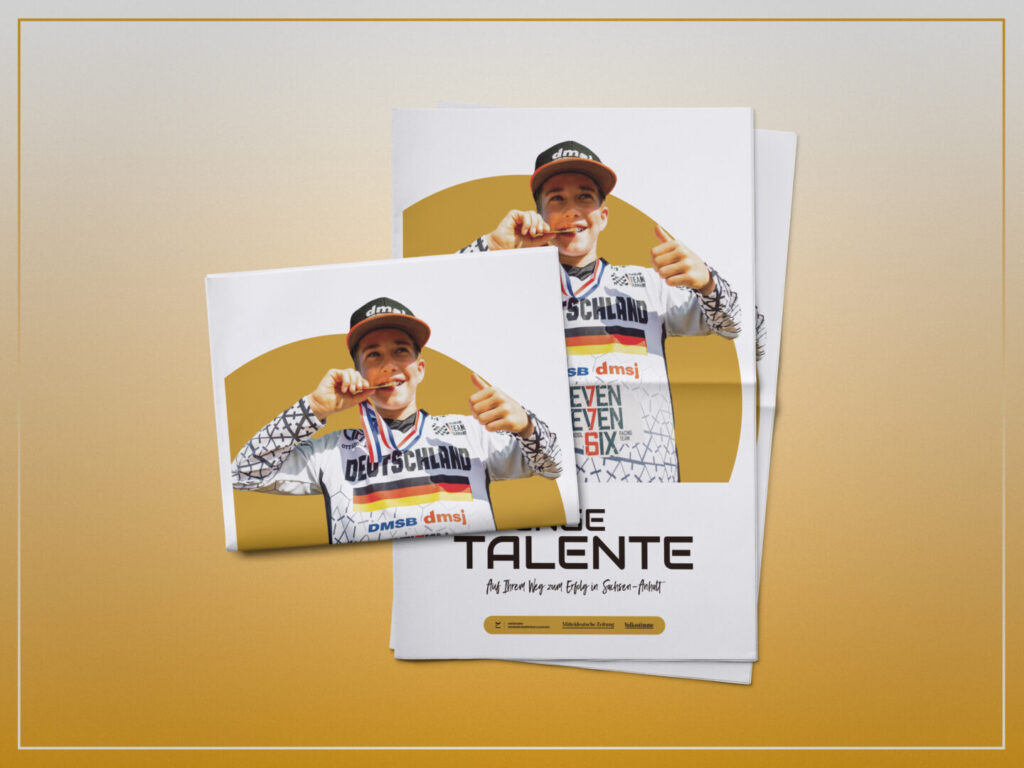 Drucklayout der Kampagne „Junge Talente 2026“ mit Magazin‑Cover und gefaltetem Titelmotiv auf gelb‑weißem Verlaufshintergrund