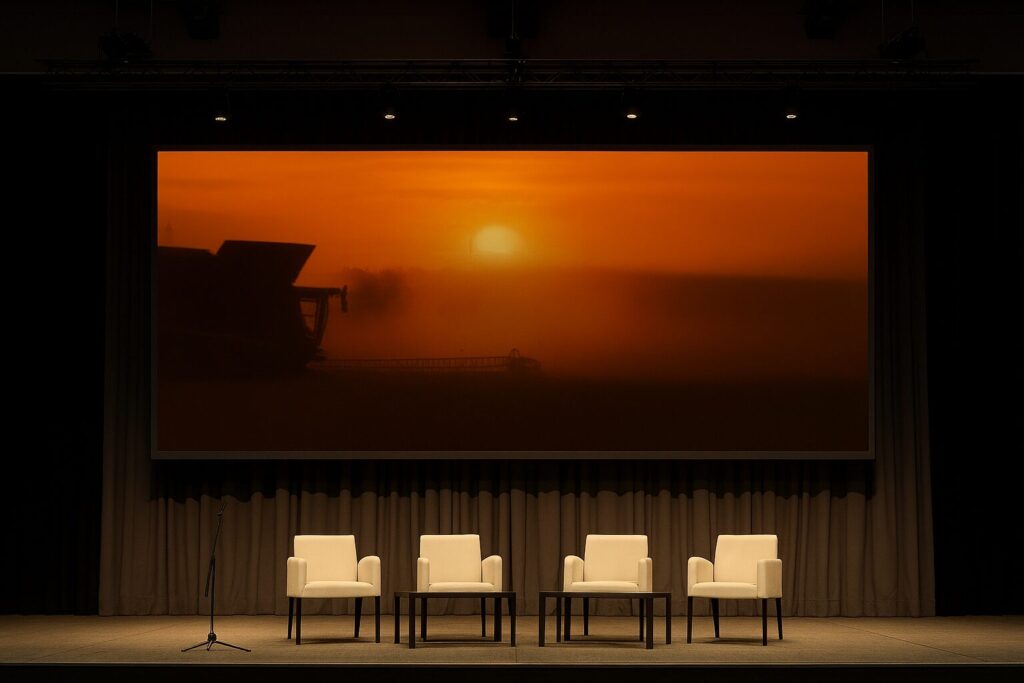 Stage with four white armchairs and a small table, microphone stand on the left, in front of a large screen displaying an orange sunset over a field with farming equipment silhouetted.