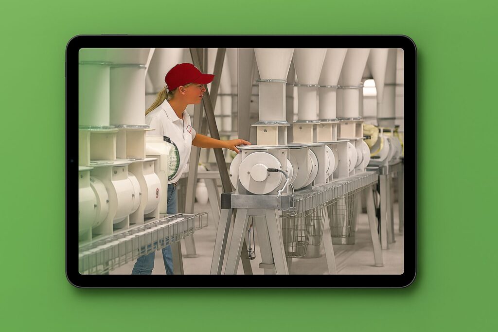 Female worker in a white uniform and red cap operating industrial machinery on a production line.]The rest of the line.