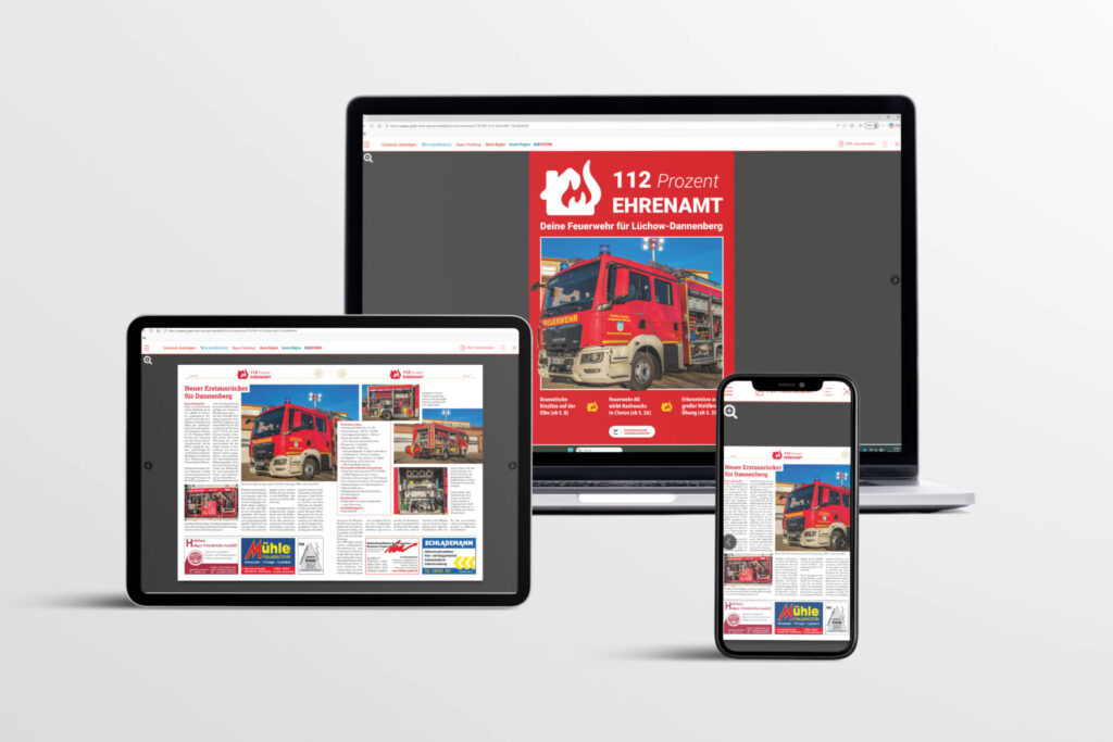 Digitale Darstellung des Feuerwehrmagazins „112 Prozent Ehrenamt“ auf Laptop, Tablet und Smartphone