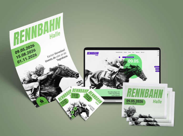 Rennbahn Halle promotional set: oversized poster, smaller flyers, and a laptop showing the event design with the date 09.05.2026