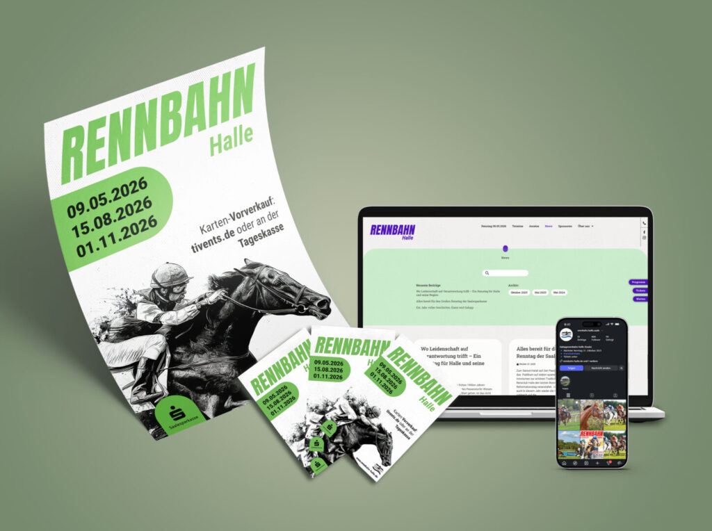 Promotional collage for Rennbahn Halle: large green-and-white poster, smaller tickets, and a laptop and phone showing the event site and schedule.