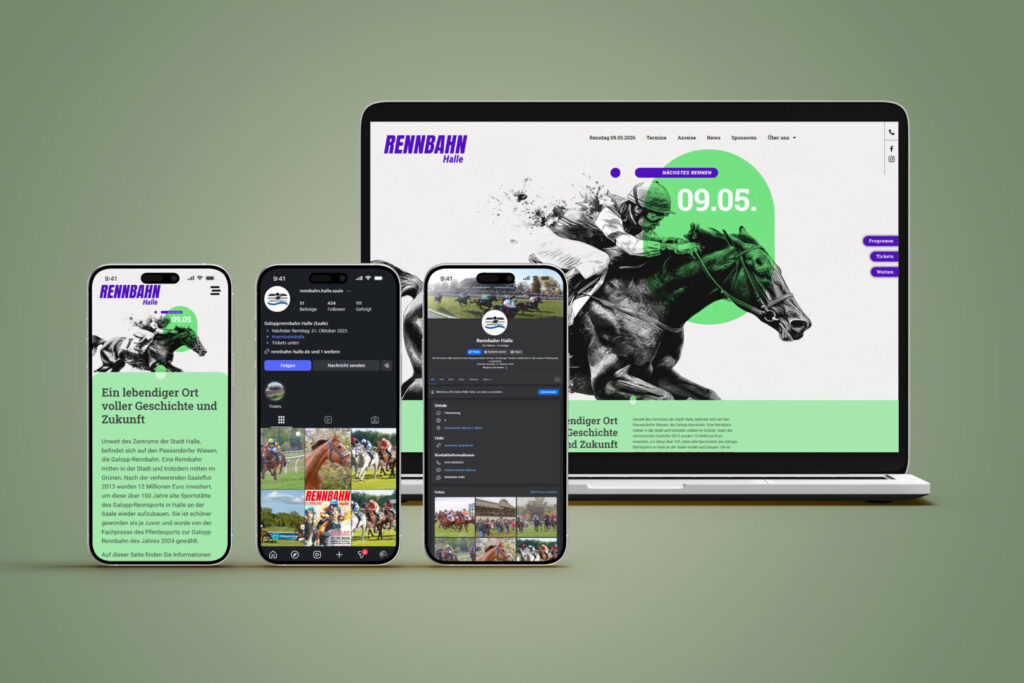 Group of devices (laptop and smartphones) displaying the Rennbahn Halle site with green accents and racing imagery