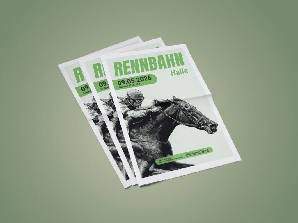Three overlapping race-event flyers showing a horse and jockey illustration with a bold green title 'RENNBAHN Halle' on a pale green background; date 09.05.2026 displayed on the front flyer.